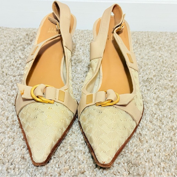 Cream Kitten Heels with Pointed Toe and Gold Buckle - Picture 1 of 8